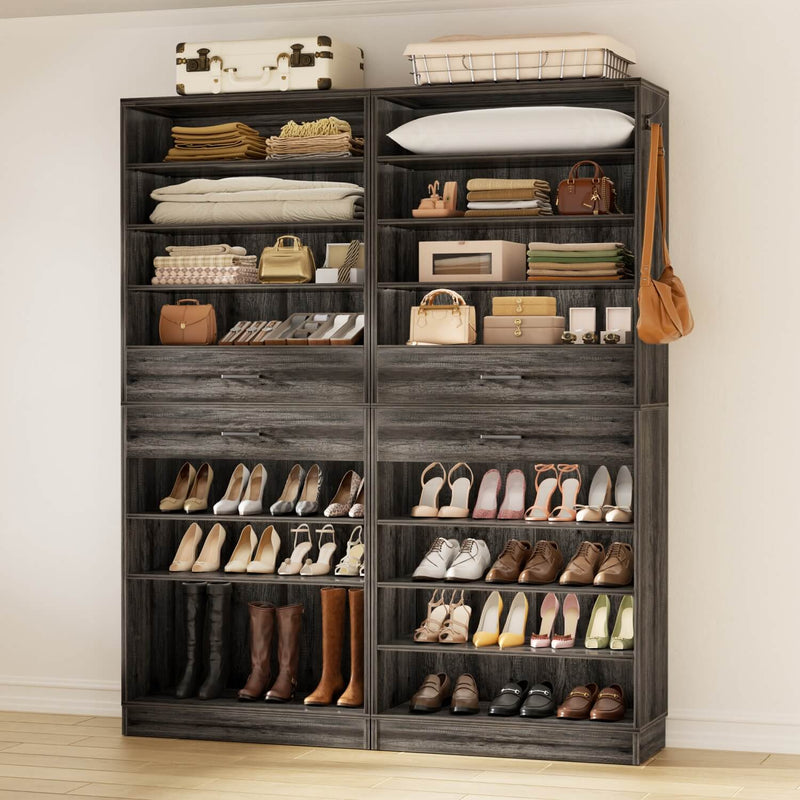 10-tier Tall Shoe Rack 2-Piece Set with 4 Wooden Drawers, 52'' Width