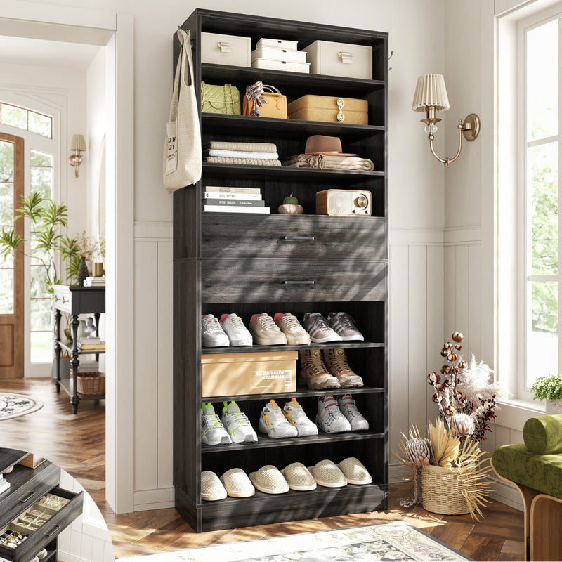 Graduated Shoe Rack Aheaplus 8-Tier Tall Shoe Rack with 2 Drawers