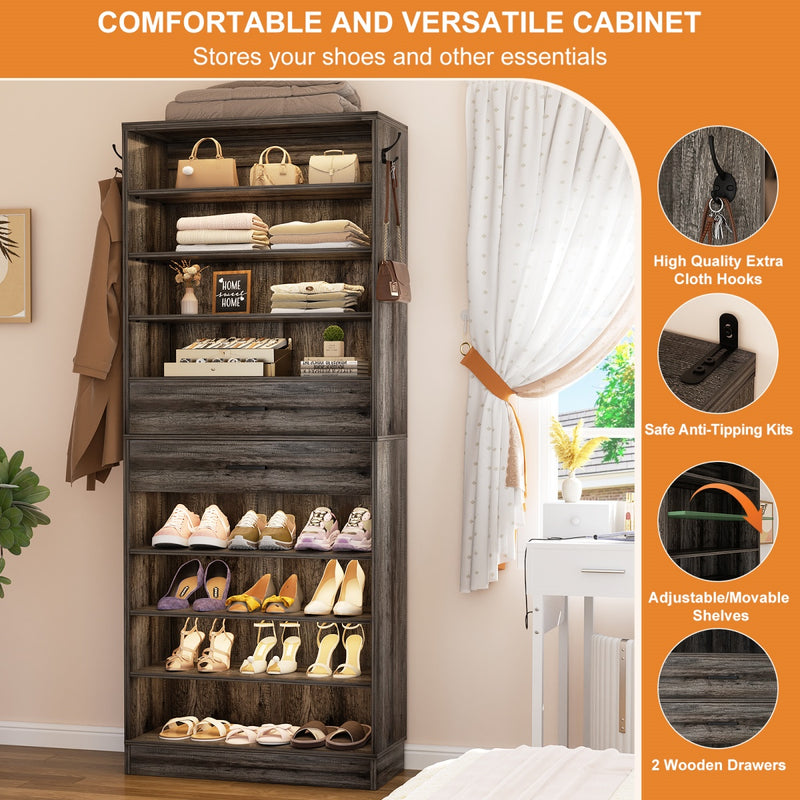 8-Tier Tall Shoe Rack with 2 Drawers