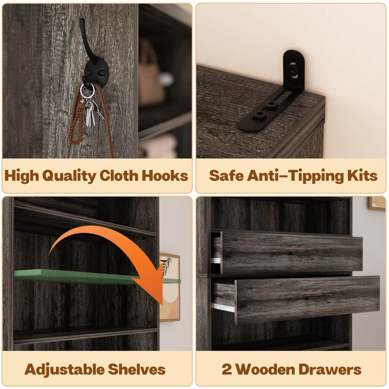 8 Tier Tall Shoe Rack Cabinet with 2 Drawers and Hooks, 2-Piece Set