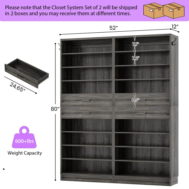8 Tier Tall Shoe Rack Cabinet with 2 Drawers and Hooks, 2-Piece Set