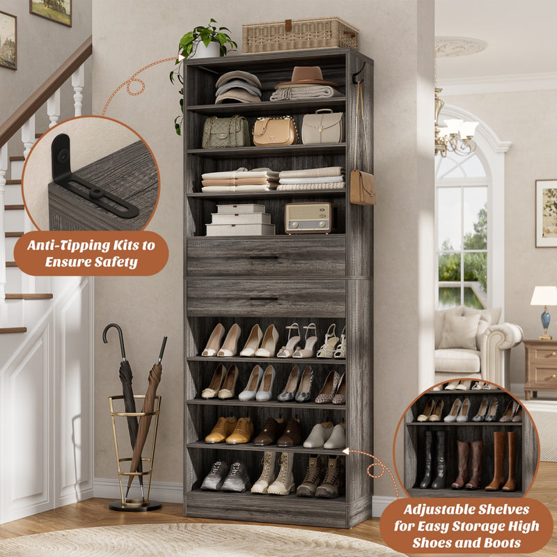 8-Tier Tall Shoe Rack with 2 Drawers