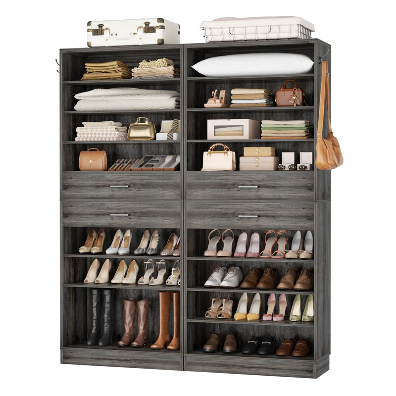 8 Tier Tall Shoe Rack Cabinet with 2 Drawers and Hooks, 2-Piece Set