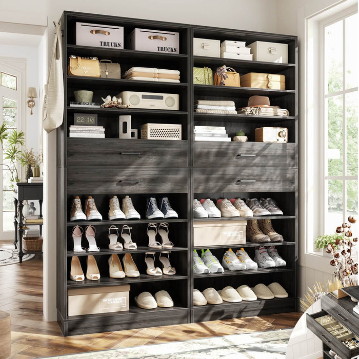 8 Tier Tall Shoe Rack Cabinet with 2 Drawers and Hooks, 2-Piece Set