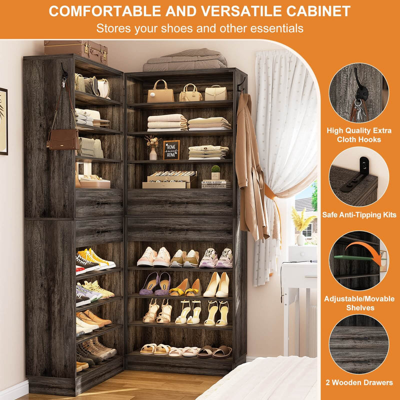8 Tier Tall Shoe Rack Cabinet with 2 Drawers and Hooks, 2-Piece Set