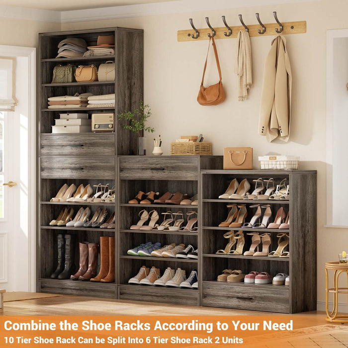 8 Tier Tall Shoe Rack Cabinet with 2 Drawers and Hooks, 2-Piece Set