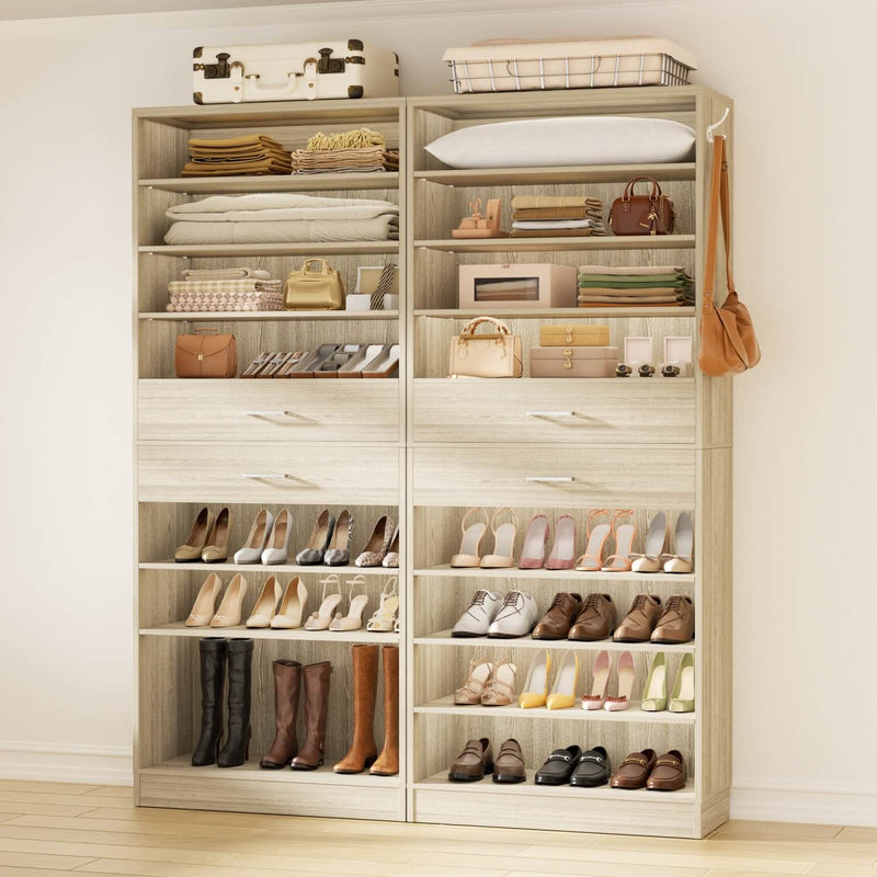 10-tier Tall Shoe Rack 2-Piece Set with 4 Wooden Drawers, 52'' Width