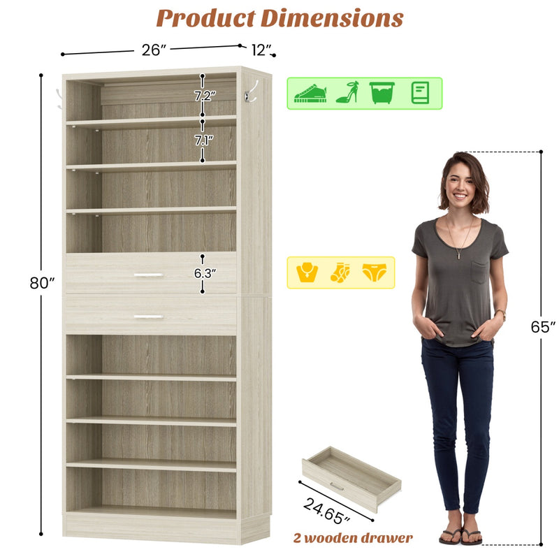 8-Tier Tall Shoe Rack with 2 Drawers