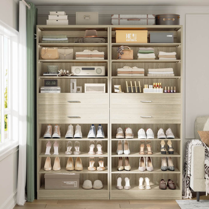 8 Tier Tall Shoe Rack Cabinet with 2 Drawers and Hooks, 2-Piece Set