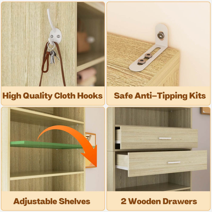 8 Tier Tall Shoe Rack Cabinet with 2 Drawers and Hooks, 2-Piece Set