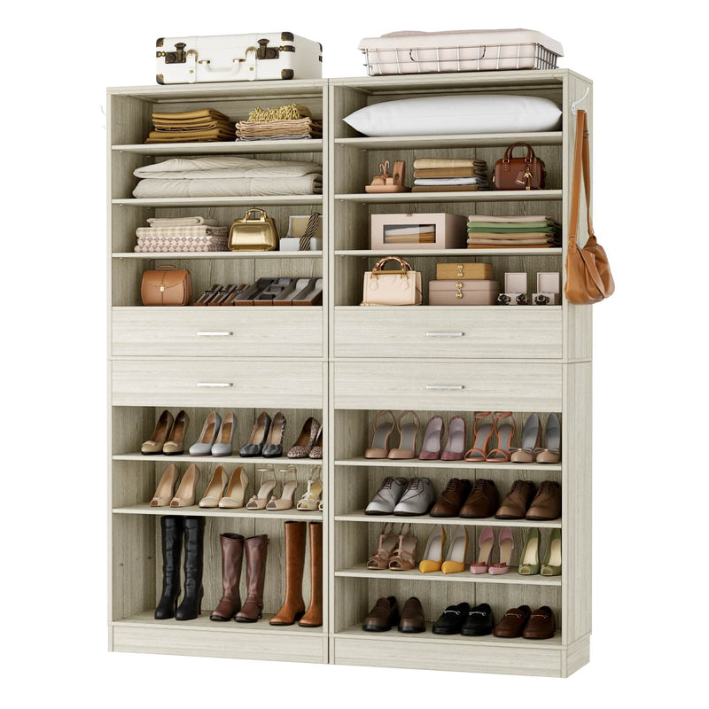 8 Tier Tall Shoe Rack Cabinet with 2 Drawers and Hooks, 2-Piece Set