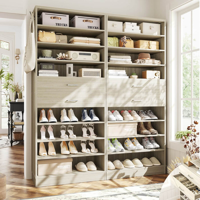 8 Tier Tall Shoe Rack Cabinet with 2 Drawers and Hooks, 2-Piece Set