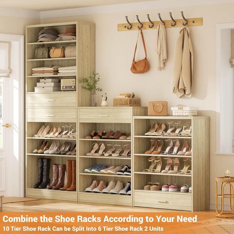 8 Tier Tall Shoe Rack Cabinet with 2 Drawers and Hooks, 2-Piece Set