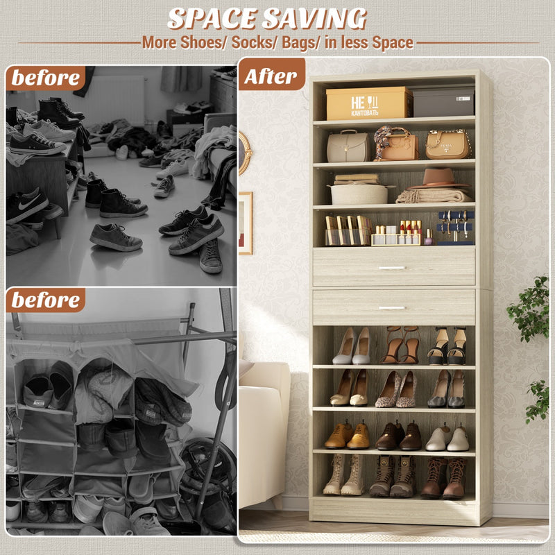 8-Tier Tall Shoe Rack with 2 Drawers