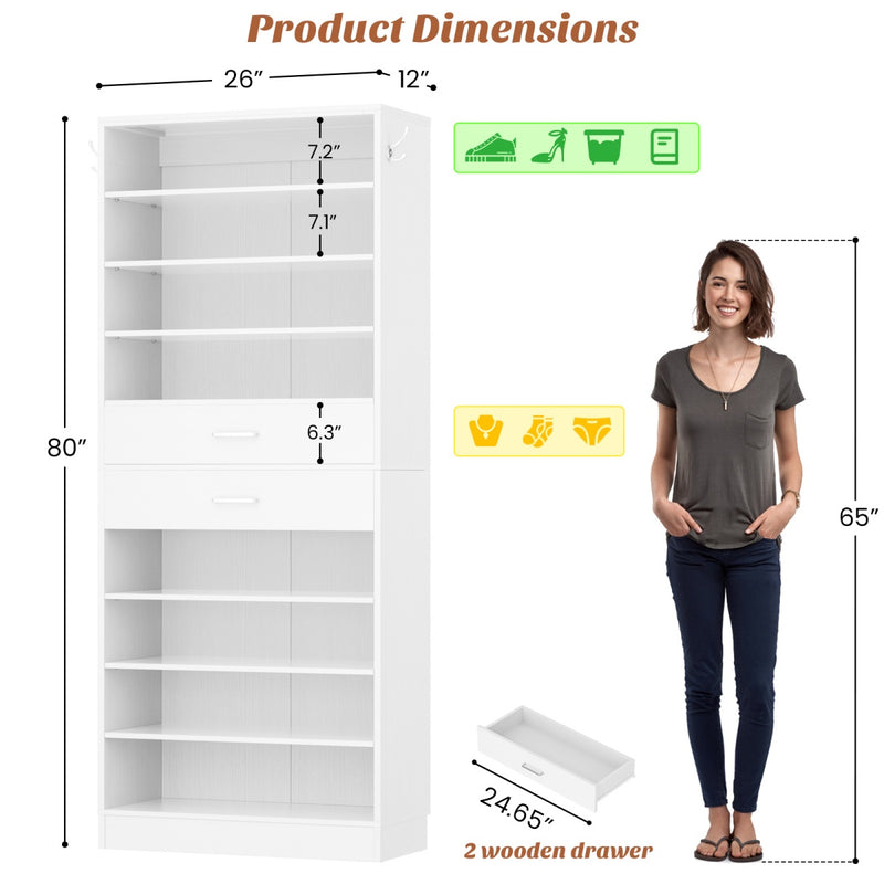8-Tier Tall Shoe Rack with 2 Drawers
