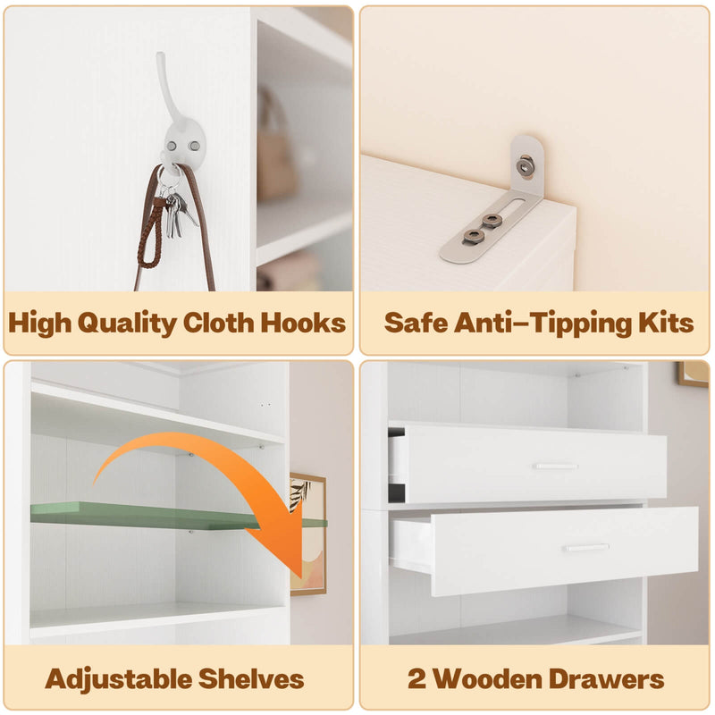 8 Tier Tall Shoe Rack Cabinet with 2 Drawers and Hooks, 2-Piece Set