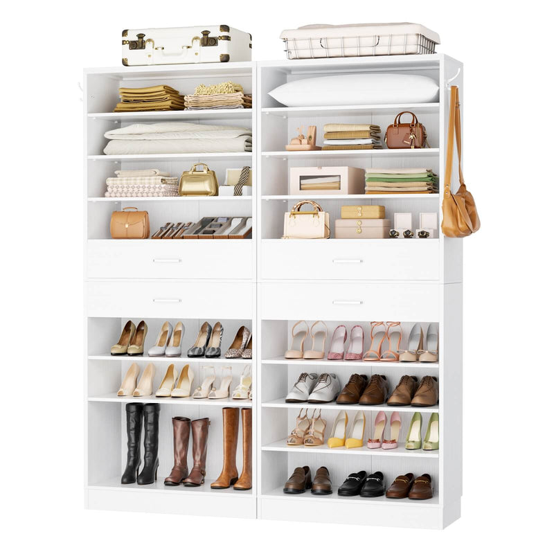 8 Tier Tall Shoe Rack Cabinet with 2 Drawers and Hooks, 2-Piece Set