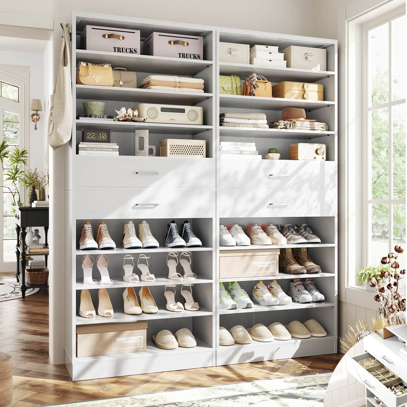 8 Tier Tall Shoe Rack Cabinet with 2 Drawers and Hooks, 2-Piece Set