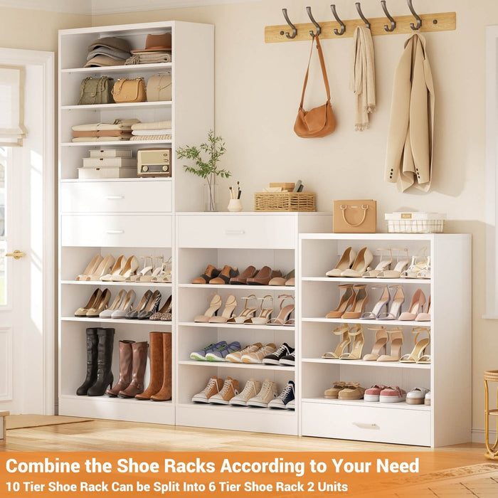 8 Tier Tall Shoe Rack Cabinet with 2 Drawers and Hooks, 2-Piece Set