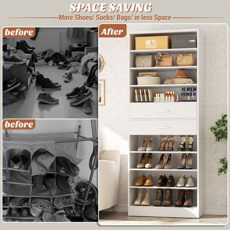 8-Tier Tall Shoe Rack with 2 Drawers