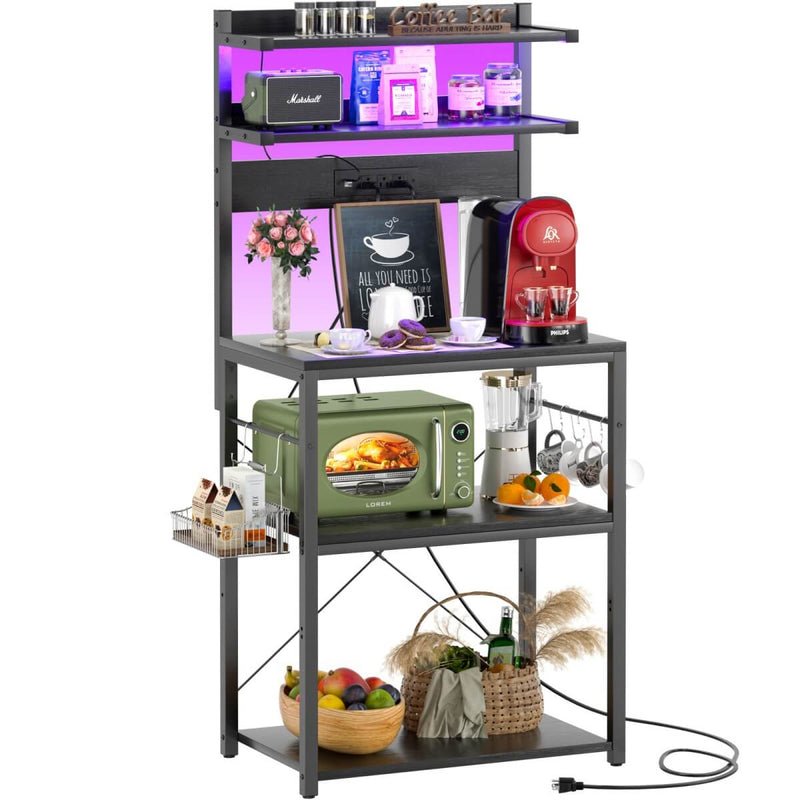 5-Tier Bakers Rack with Power Outlet & LED Lights, Coffee Bar Station with 6 S-Hooks
