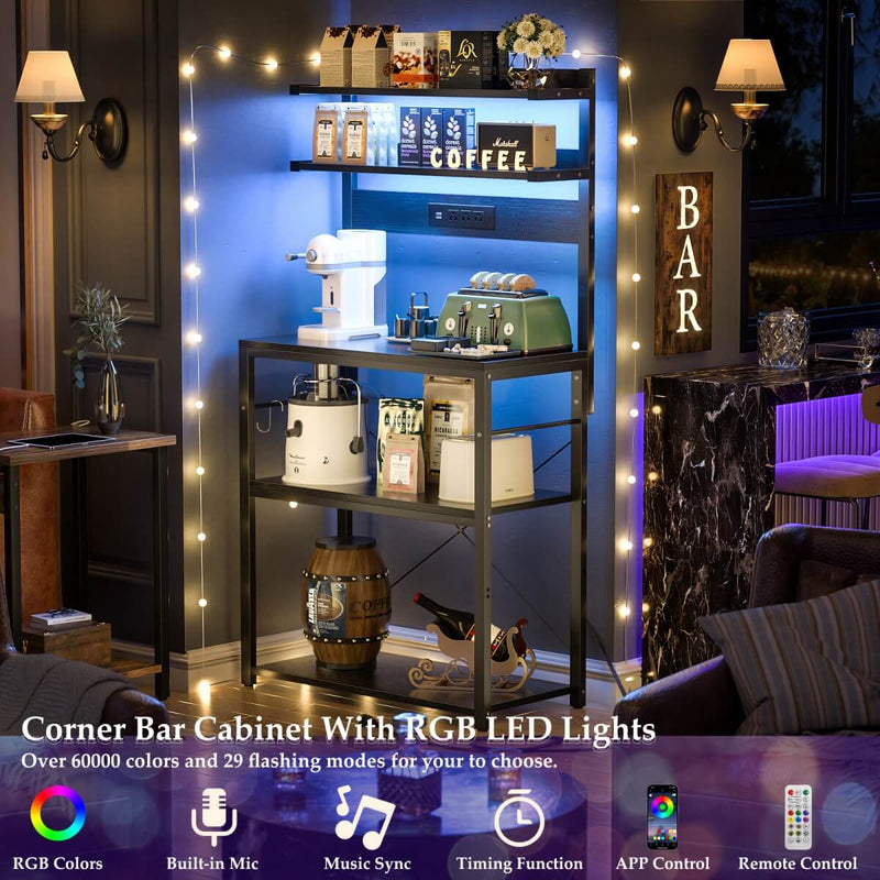 5-Tier Bakers Rack with Power Outlet & LED Lights, Coffee Bar Station with 6 S-Hooks