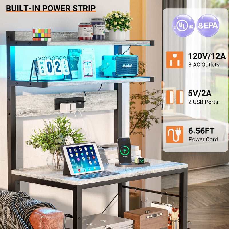 5-Tier Bakers Rack with Power Outlet & LED Lights, Coffee Bar Station with 6 S-Hooks