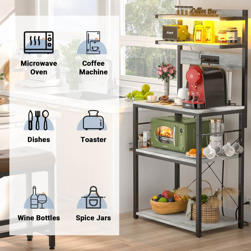 5-Tier Bakers Rack with Power Outlet & LED Lights, Coffee Bar Station with 6 S-Hooks