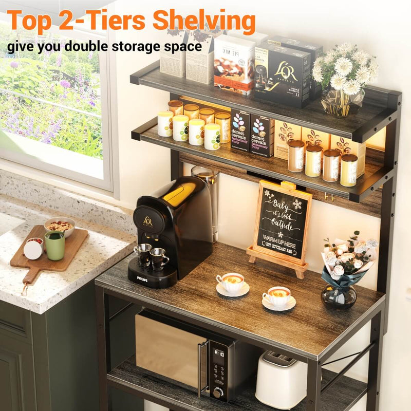 5-Tier Bakers Rack with Power Outlet & LED Lights, Coffee Bar Station with 6 S-Hooks