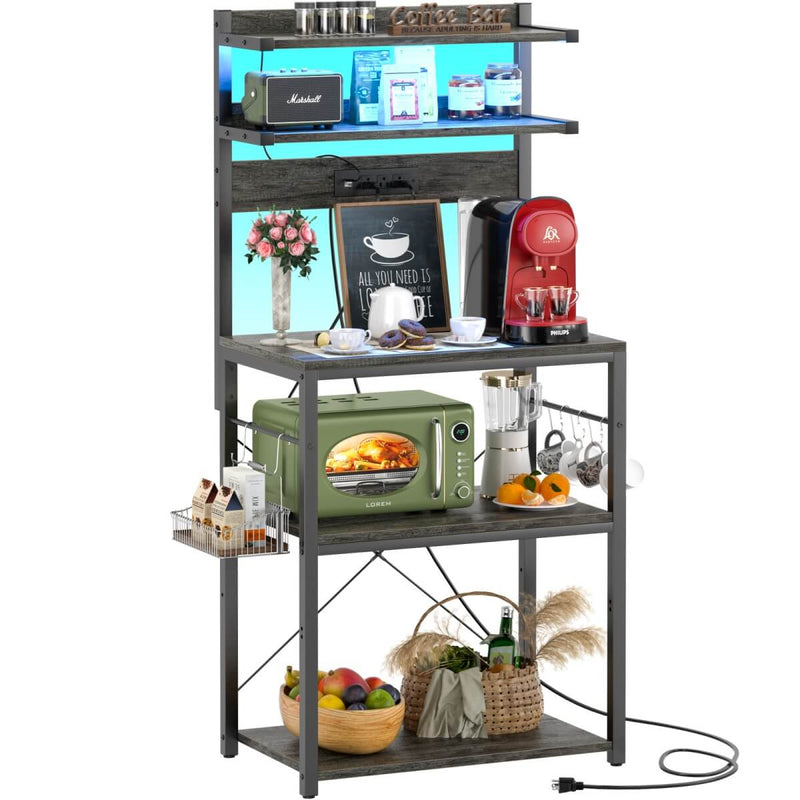 5-Tier Bakers Rack with Power Outlet & LED Lights, Coffee Bar Station with 6 S-Hooks