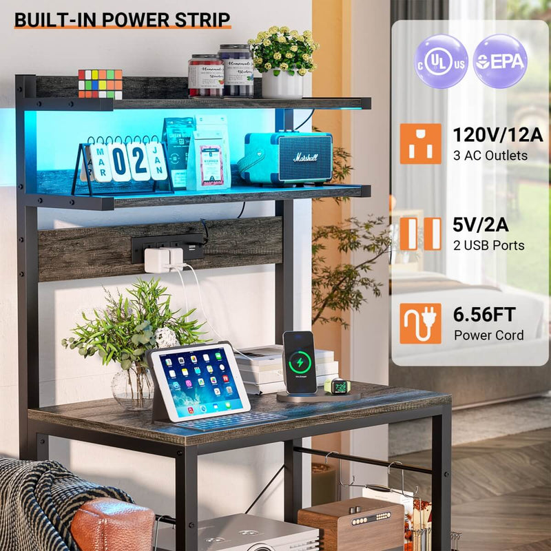 5-Tier Bakers Rack with Power Outlet & LED Lights, Coffee Bar Station with 6 S-Hooks