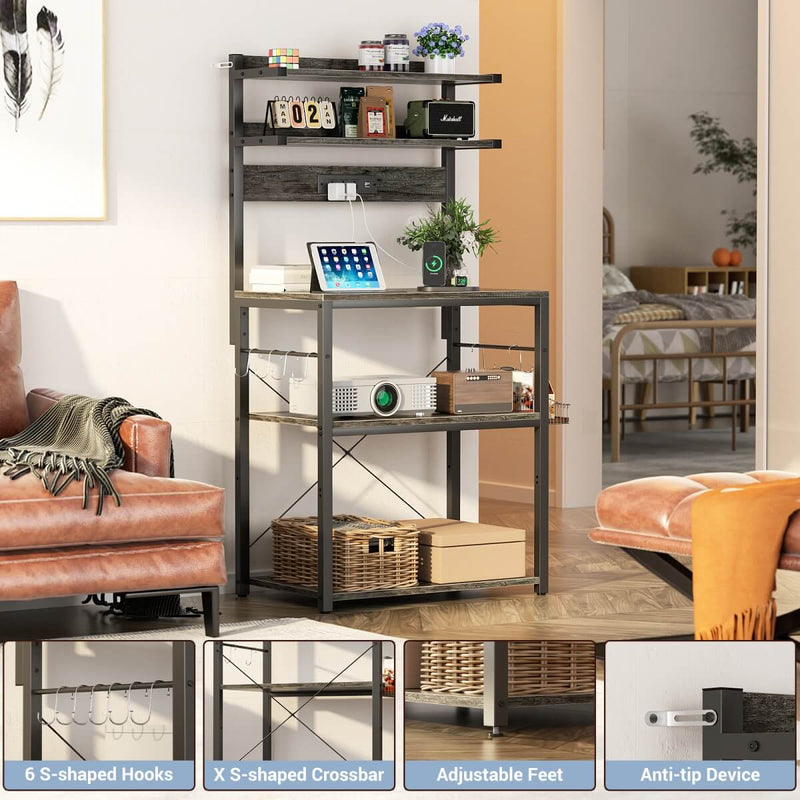 5-Tier Bakers Rack with Power Outlet & LED Lights, Coffee Bar Station with 6 S-Hooks