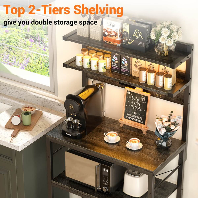 5-Tier Bakers Rack with Power Outlet & LED Lights, Coffee Bar Station with 6 S-Hooks