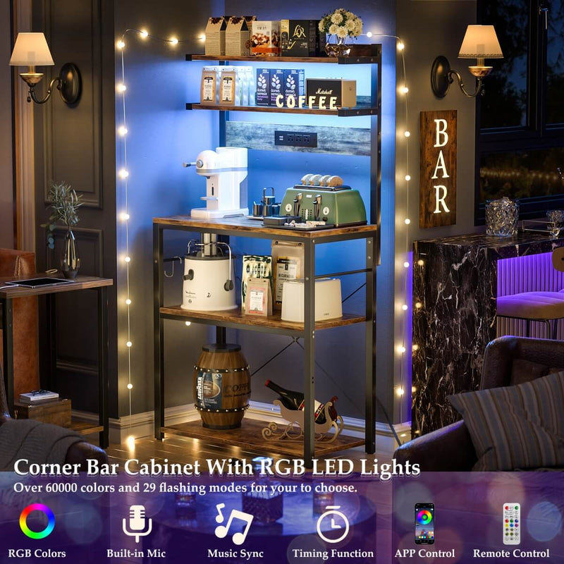 5-Tier Bakers Rack with Power Outlet & LED Lights, Coffee Bar Station with 6 S-Hooks