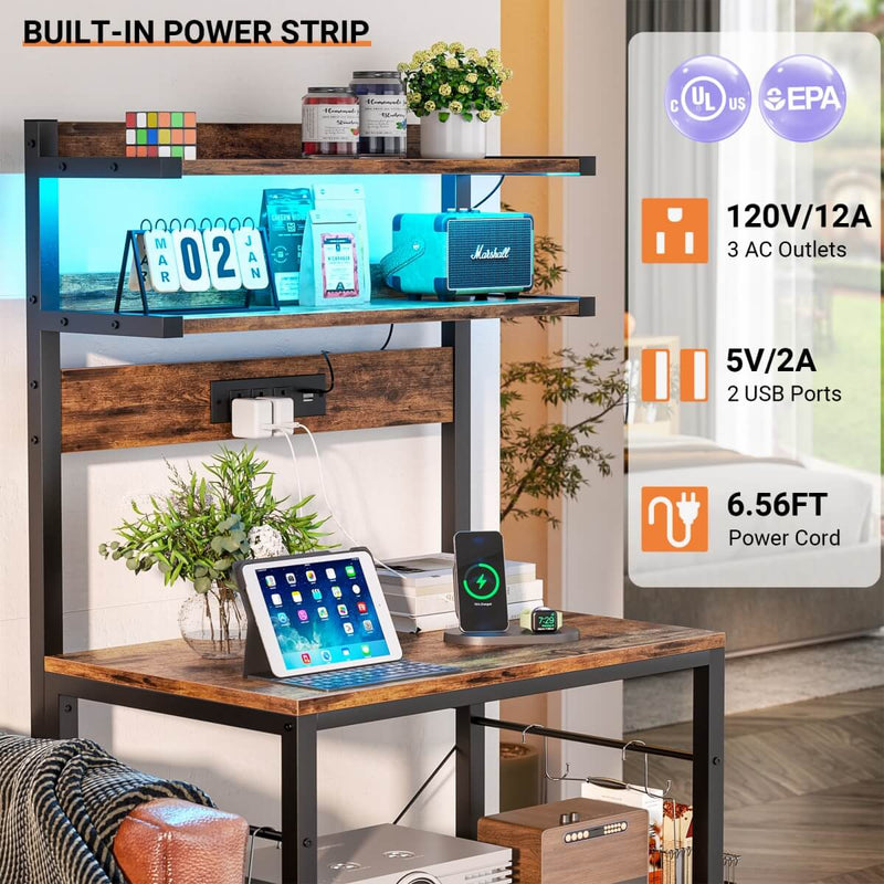 5-Tier Bakers Rack with Power Outlet & LED Lights, Coffee Bar Station with 6 S-Hooks