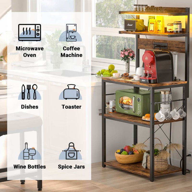 5-Tier Bakers Rack with Power Outlet & LED Lights, Coffee Bar Station with 6 S-Hooks