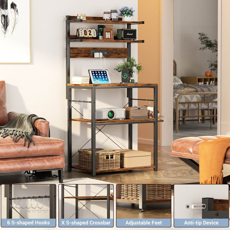 5-Tier Bakers Rack with Power Outlet & LED Lights, Coffee Bar Station with 6 S-Hooks