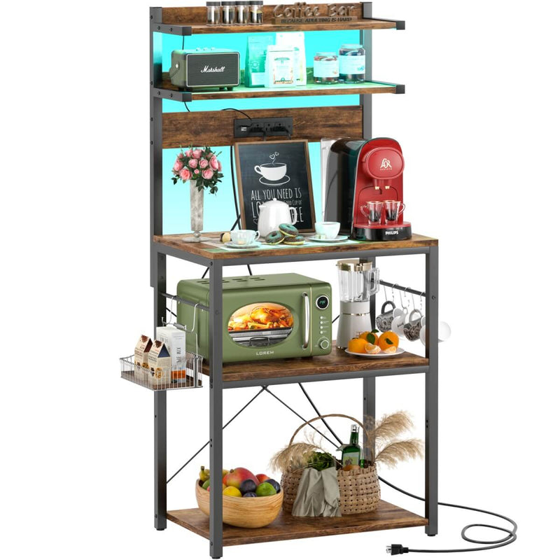 5-Tier Bakers Rack with Power Outlet & LED Lights, Coffee Bar Station with 6 S-Hooks