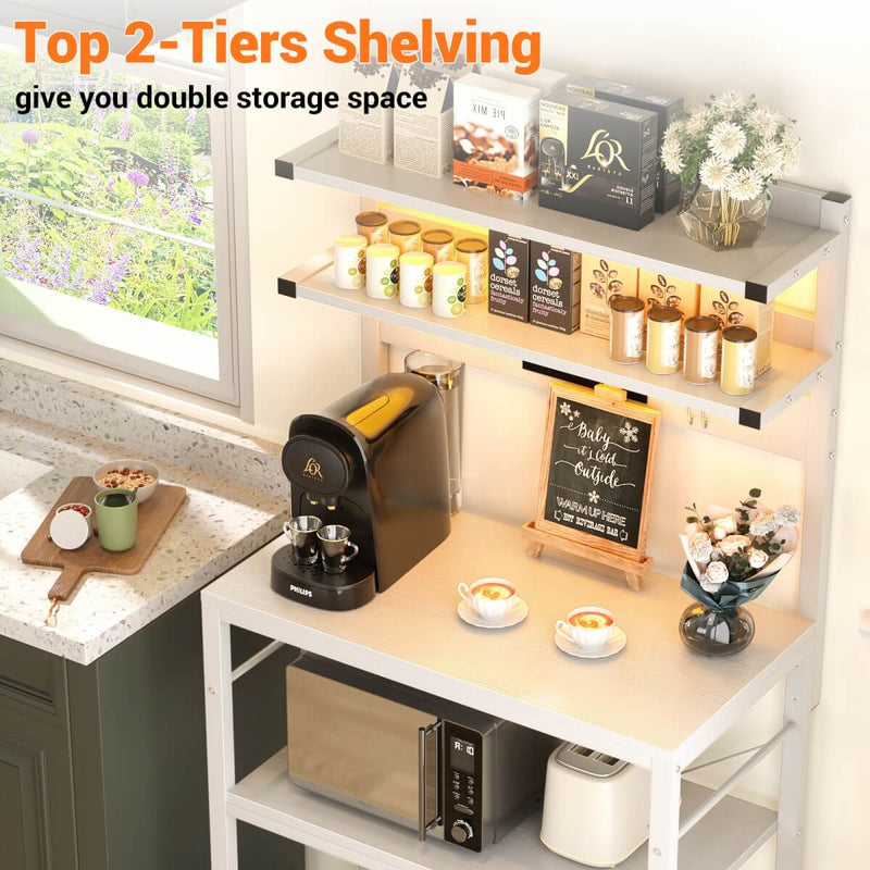 5-Tier Bakers Rack with Power Outlet & LED Lights, Coffee Bar Station with 6 S-Hooks
