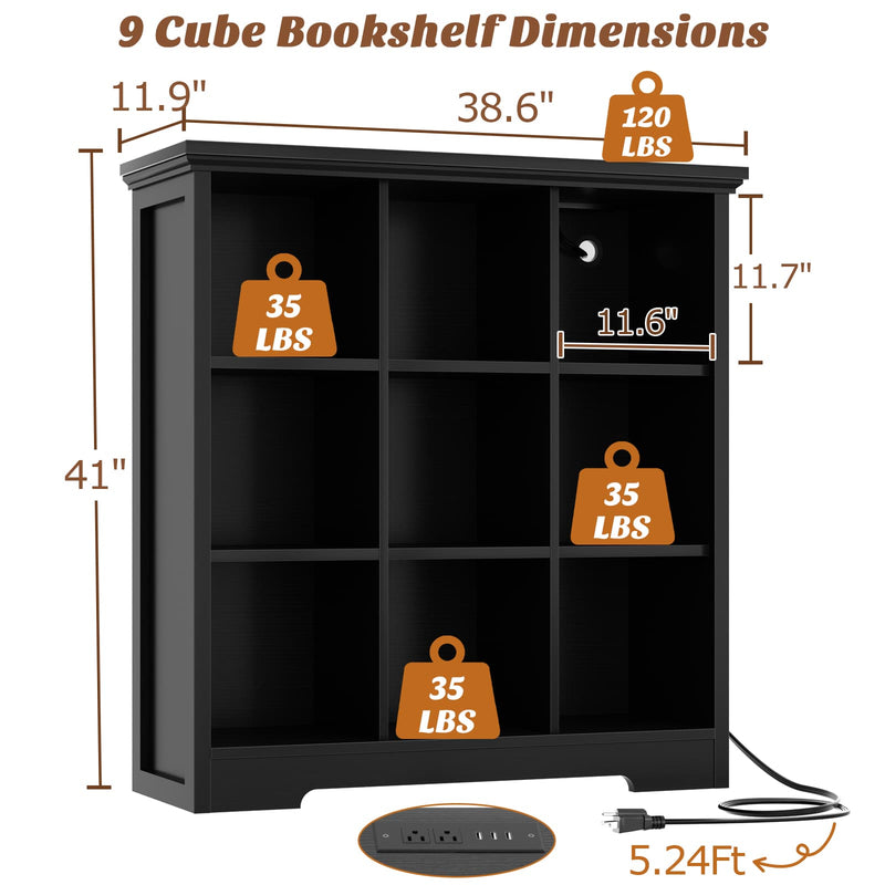 9 Cube Organizer Bookcase with Charging Station and Shelves