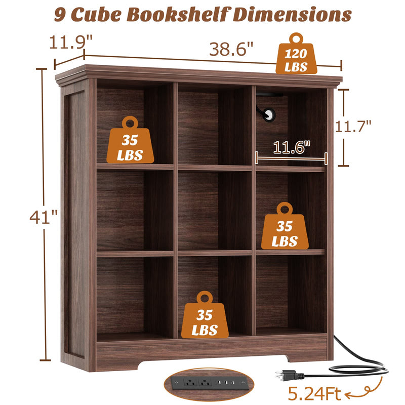 9 Cube Organizer Bookcase with Charging Station and Shelves