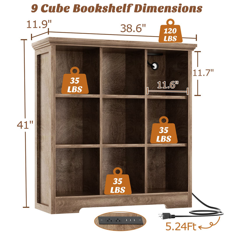 9 Cube Organizer Bookcase with Charging Station and Shelves