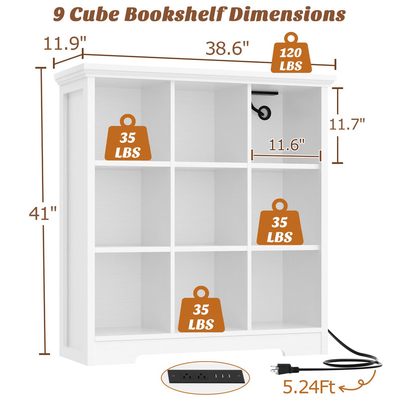 9 Cube Organizer Bookcase with Charging Station and Shelves