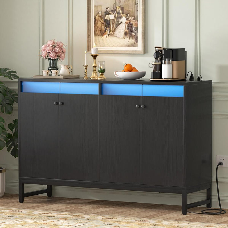 4 Doors Sideboard Buffet Cabinet with Outlets & LED Lights