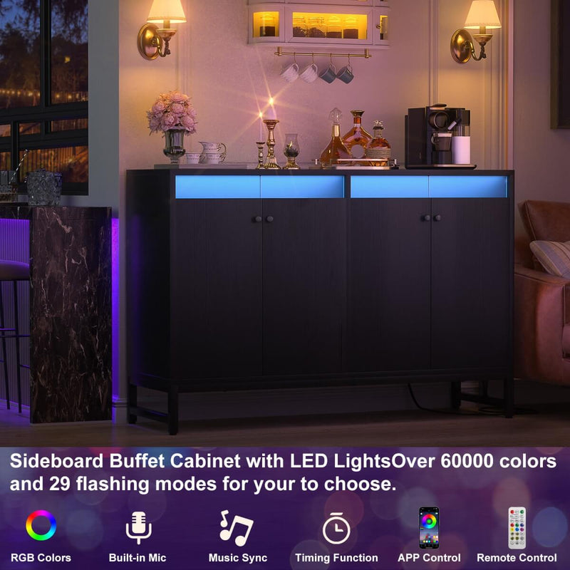 4 Doors Sideboard Buffet Cabinet with Outlets & LED Lights