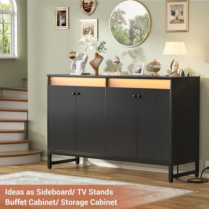 4 Doors Sideboard Buffet Cabinet with Outlets & LED Lights