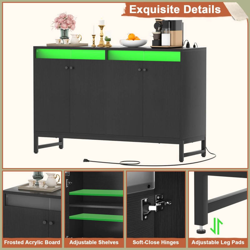 4 Doors Sideboard Buffet Cabinet with Outlets & LED Lights