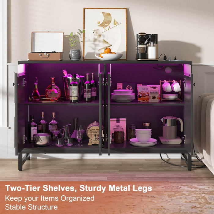 4 Doors Sideboard Buffet Cabinet with Outlets & LED Lights
