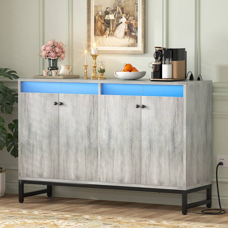 4 Doors Sideboard Buffet Cabinet with Outlets & LED Lights