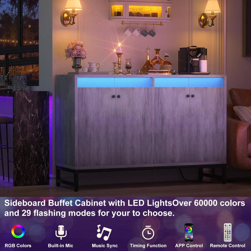 4 Doors Sideboard Buffet Cabinet with Outlets & LED Lights